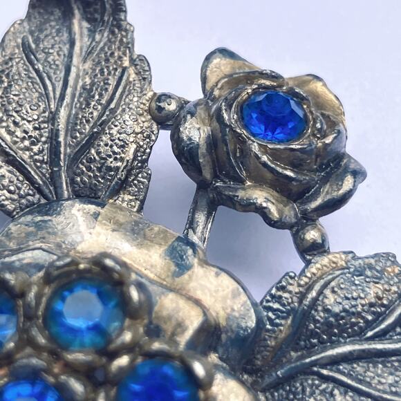 Vintage Mid Century Signed Little Nemo Floral Brooch Blue Rhinestone Flower Leaf - Picture 5 of 10